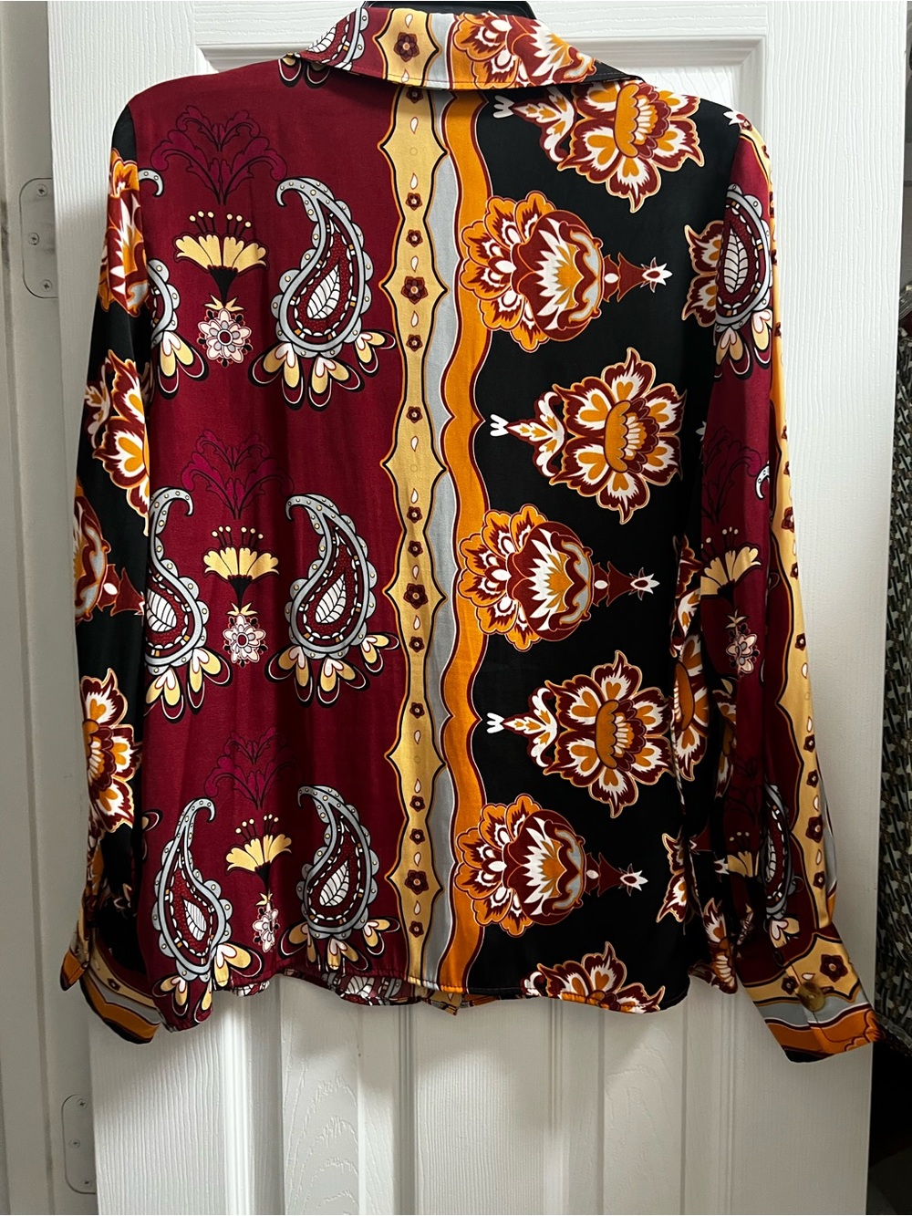 Rachel Zoe Mixed Paisley & Floral Button-Up Shirt - Black, Burgundy & Gold - Picture 2 of 2